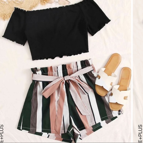 SHEIN Plus Lettuce-Edge Crop Top & Striped Paperbag Shorts Set size 2X (16) - Picture 2 of 6